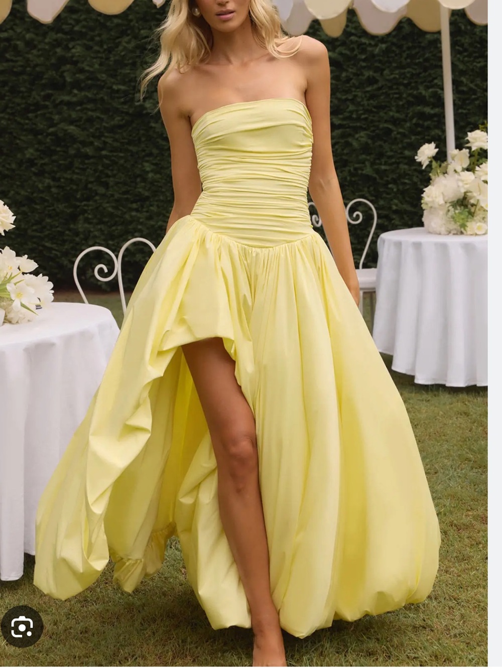 MISSACC Sweet & Flow Ruched Daffodil Strapless Sleeveless Asymmetrical Gown SZ S